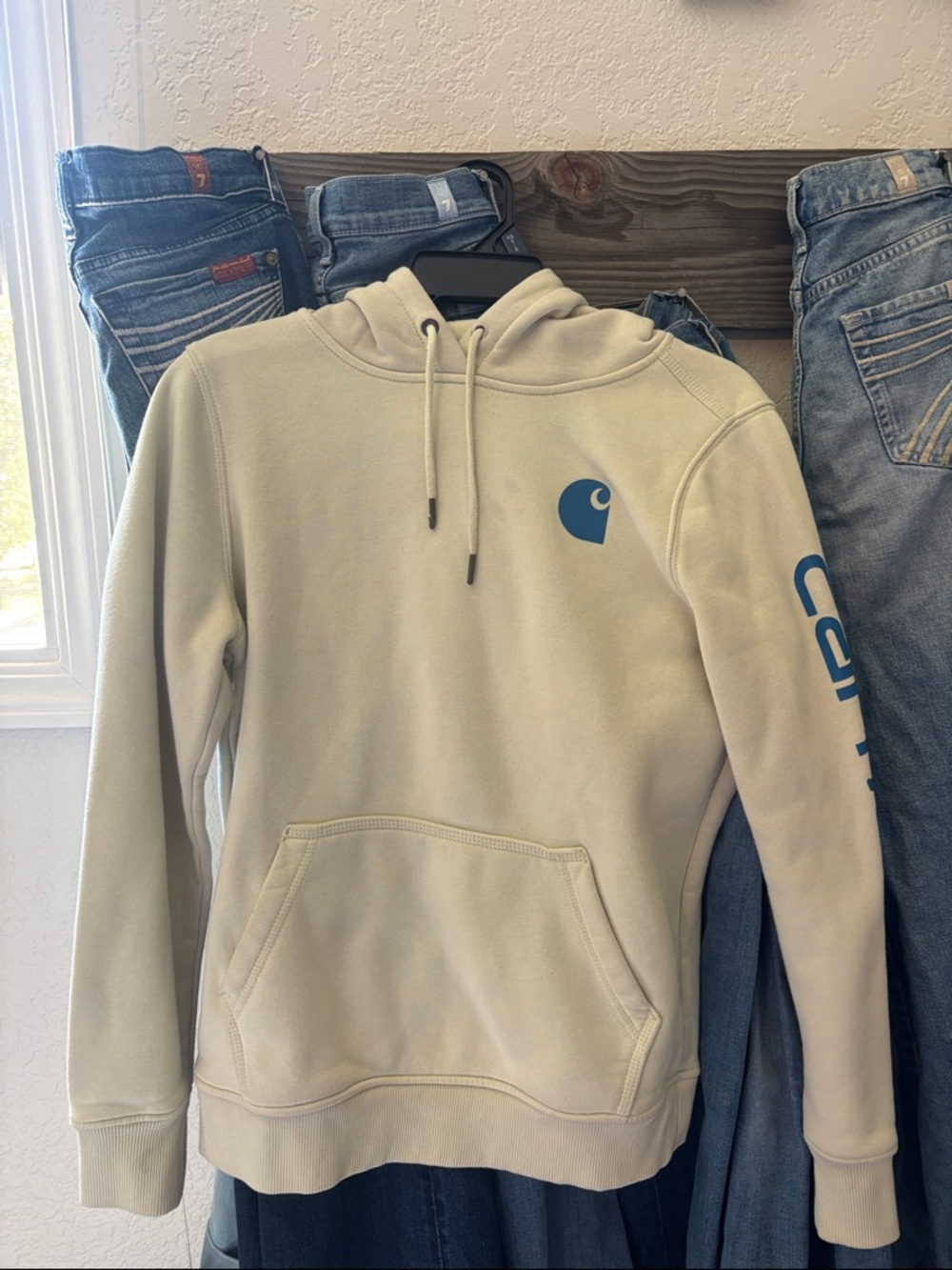 Carhartt light green Hoodie with Blue Chest Logo and Sleeve Script